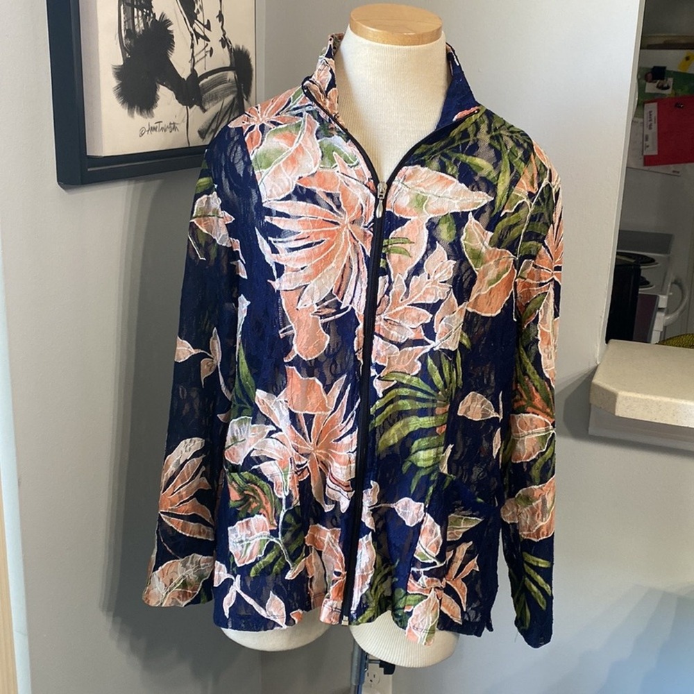 Toni Morgan Zip Up Lace Jacket Womens Size L Blue Floral Tropical Lightweight